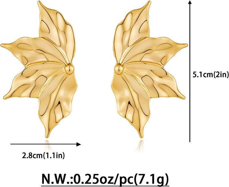 FAUTHENTICUTE Chunky Gold Statement Earrings For Women Gold Plated Sectored Flower Leaf Shell Angel Wing Earrings Large Stud Earrings Hypoallergenic Earrings - Image 4